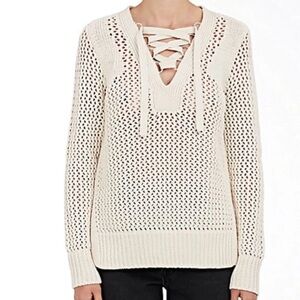 DEREK LAM - 10 CROSBY Long Sleeve Open Knit Crochet Lace-Up Sweater Beig…